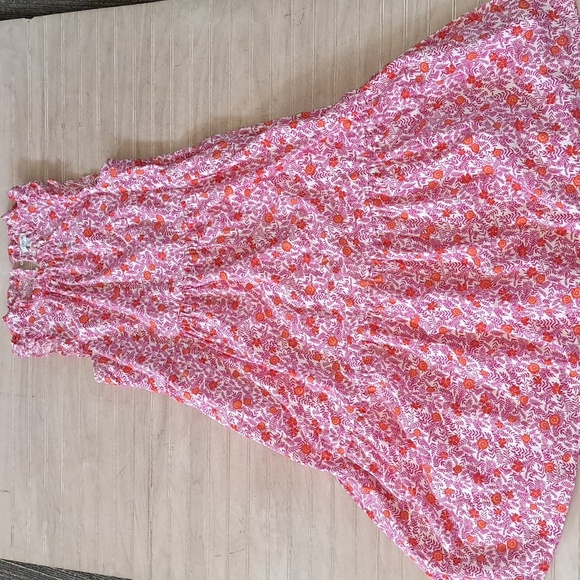J.Crew Pink Orange Floral Ruffle Sleeve Cotton Comfy Pockets Tiered Midi Dress - Picture 12 of 15